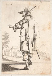 Cavalier vu de dos : Gestes avec la main gauche. Porte une cape et un chapeau à plumes. Ville fortifiée et porte au-delà