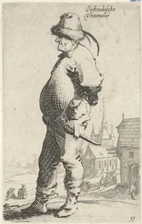 Homme de profil, avec une église et un bâtiment avec galerie en arrière-plan (Oostindesche vroemoer, La vie des paysans)
