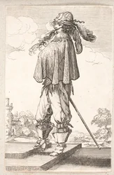 Homme, profil vers la gauche, avec épée et chapeau à plumes, montant deux marches