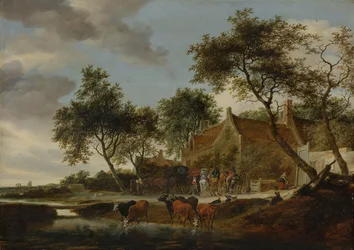 Paysage avec des voyageurs devant une auberge près d