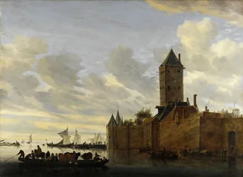 Estuaire fluvial avec ville fortifiée