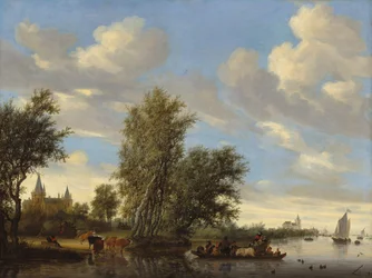 Paysage fluvial avec bac