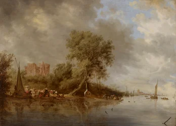 Paysage fluvial avec les ruines du château d