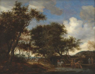 Paysage avec des voyageurs abreuvant leurs chevaux