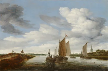 Paysage fluvial avec des voiliers et une péniche tirée par un cheval