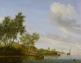 Paysage fluvial avec un bac