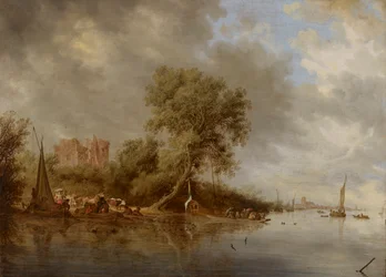 Paysage fluvial avec les ruines du château d