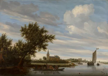 Vue de rivière avec église et bac