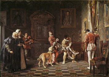 Retour du tournoi. Un jeune chevalier blessé est ramené au palais, soutenu par deux pages.