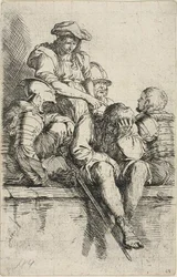 Quatre guerriers et un jeune homme debout, qui pointe vers l