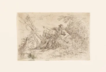 Berger et deux enfants dans un paysage