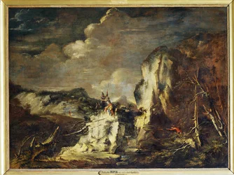 Paysage rocheux avec un chasseur et des guerriers - A rocky …