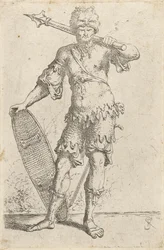 Guerrier exotique debout portant un bonnet de tête de lion, tenant une masse et un bouclier, c.1656-57