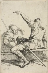 Deux guerriers assis sur des rochers bas