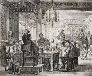 Un banquet chinois riche, lithographie de Salvatore Puglia de Poliorama Pittoresco, n 11, 19 octobre