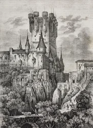Alcazar de Ségovie, Espagne, lithographie de Salvatore Puglia de Poliorama Pittoresco, n 36, 12 avril