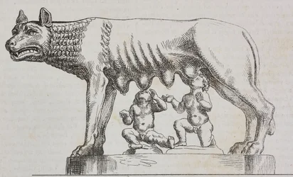 Louve capitoline, statue en bronze, Rome, Latium, Italie, lithographie de Salvatore Puglia de Poliorama Pittoresco, n 25, 25 janvier
