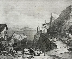 Château de Parga, Albanie, lithographie de Salvatore Puglia de Poliorama Pittoresco, n 9, 9 octobre