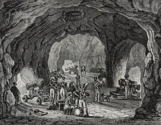 Grotte près du Rocher de Gibraltar, Espagne, lithographie de Salvatore Puglia de Poliorama Pittoresco, n 20, 24 décembre