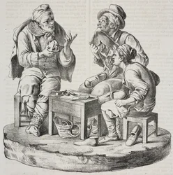Cordonnier en dispute, statuettes de Giacomo Bongiovanni et Giuseppe Vaccaro, lithographie de Salvatore Puglia de Poliorama Pittoresco, n 32, 18 mars