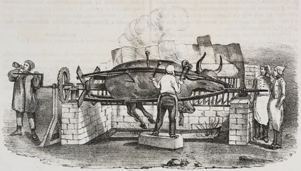 Rôti colossal, lithographie de Salvatore Puglia de Poliorama Pittoresco, n 4, 2 septembre