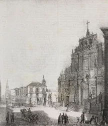 Façade de la basilique de San Sebastiano à Acireale, Sicile, Italie (lithographie de Salvatore Puglia de Poliorama Pittoresco, n 39, 3 mai)