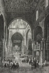Intérieur de la chapelle palatine au Palazzo dei Normanni ou Palais Royal à Palerme, Sicile, Italie, lithographie de Salvatore Puglia de Poliorama Pittoresco, n 41, 21 mai