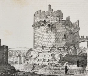Mausolée de Cécilia Metella sur la Via Appia, Rome, Lazio, Italie, lithographie de Salvatore Puglia de Poliorama Pittoresco, n°20, 21 décembre