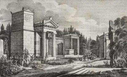 Cimetière du Père-Lachaise, Paris, France, lithographie de Salvatore Puglia de Poliorama Pittoresco, n 19, 17 décembre
