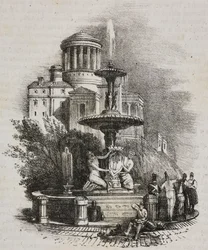 Fontaine du Prado, Madrid, Espagne, lithographie de Salvatore Puglia de Poliorama Pittoresco, n 39, 4 mai