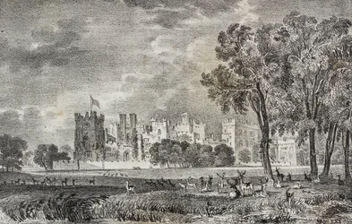 Château de Raby, Durham, Angleterre, Royaume-Uni, lithographie de Salvatore Puglia de Poliorama Pittoresco, n 42, 27 mai