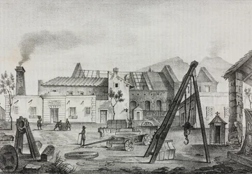 Reale Opificio meccanico (Usine Mécanique Royale) à Pietrarsa, Campanie, Italie, lithographie de Gaetano Riccio de Poliorama Pittoresco, n 39, 7 mai