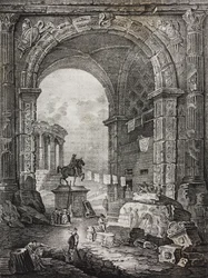 Ruines romaines (peinture de Hubert Robert, lithographie de Salvatore Puglia de Poliorama Pittoresco, n 28, 17 février)