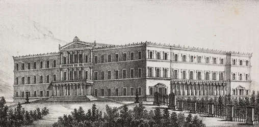 Palais royal à Athènes, Grèce, lithographie de Salvatore Puglia de Poliorama Pittoresco, n 5, 9 septembre