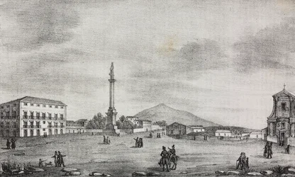 Place de la Statue à Catane, Sicile, Italie, lithographie de Salvatore Puglia de Poliorama Pittoresco, n 15, 19 novembre
