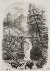 Pont suspendu sur les montagnes des Pyrénées, Espagne, lithographie de Salvatore Puglia de Poliorama Pittoresco, n 16, 23 novembre