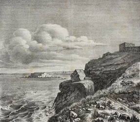Tombe de François-René de Chateaubriand à Saint-Malo, France, lithographie de Gaetano Riccio de Poliorama Pittoresco, n 32, 18 mars