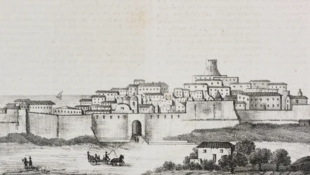 Vue de Crotone, Calabre, Italie (lithographie de Salvatore Puglia de Poliorama Pittoresco, n 12, 26 octobre)