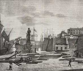Vue du quai de Livourne, Toscane, Italie (lithographie de Salvatore Puglia de Poliorama Pittoresco, n 38, 26 avril)
