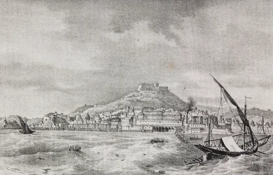 Vue de Naples depuis la mer, Campanie, Italie, lithographie de Salvatore Puglia de Poliorama Pittoresco, n 2, 17 août