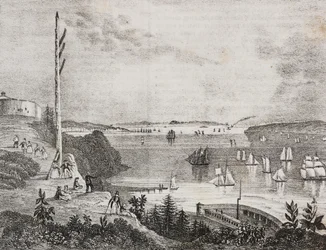Vue de la baie de New York depuis la station télégraphique, États-Unis (lithographie de Salvatore Puglia de Poliorama Pittoresco, n 6, 14 septembre)