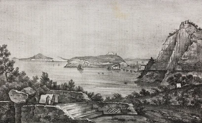 Vue de Posillipo depuis la terrasse de monseigneur Di Pietro, Campanie, Italie, lithographie de Salvatore Puglia de Poliorama Pittoresco, n 32, 16 mars