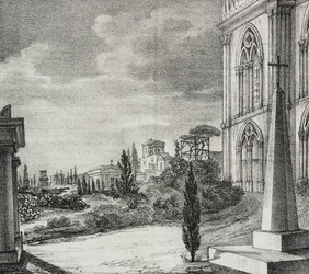 Vue du cimetière du couvent gothique, Naples, Campanie, Italie, lithographie de Salvatore Puglia de Poliorama Pittoresco, n 34, 1er avril