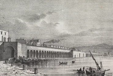 Vue du chemin de fer à Torre Annunziata, Campanie, Italie, lithographie de Gaetano Riccio de Poliorama Pittoresco, n 21, 31 décembre