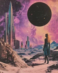 Femme dans un paysage urbain cosmique