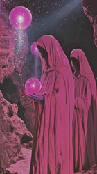 Des silhouettes encapuchonnées et des orbes roses