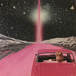 Voyage cosmique en voiture rose