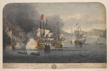 Prise de Porto Bello par Adml : Vernon Novr : 22d. 1739 (gravure au trait, coloriée)