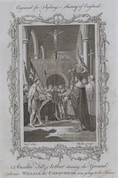 Anselm Fitz-Arthur revendiquant le terrain où Guillaume le Conquérant allait être enterré (gravure)