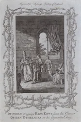 Dunstan traînant le roi Edwy loin de sa consort, la reine Ethelgiva, le jour de son couronnement (gravure)
